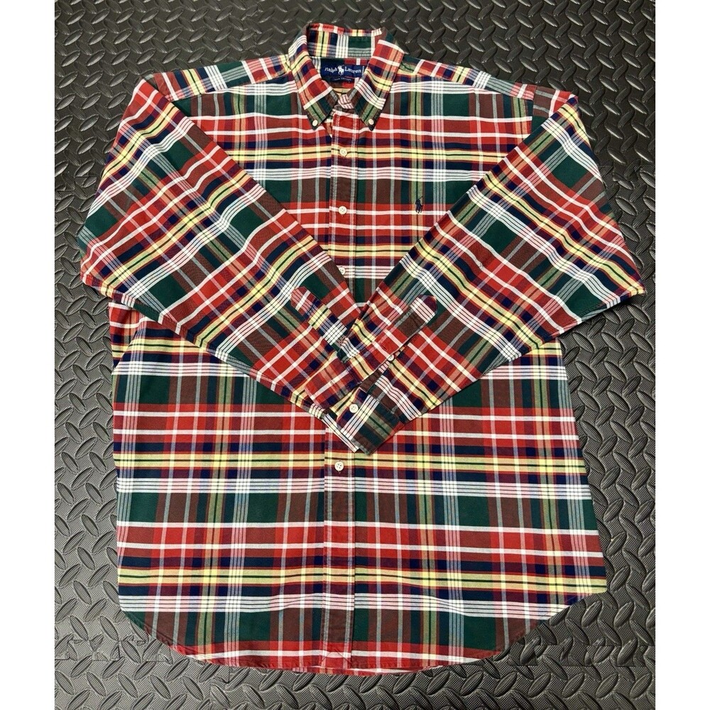 Polo Ralph Lauren Button Down Shirt Men's XL Red Green Yellow Plaid Cotton LS